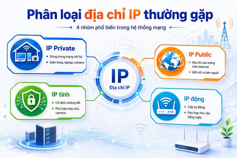 Các lớp địa chỉ IP và các nhóm IP phổ biến như IP Private, IP Public, IP tĩnh, IP động