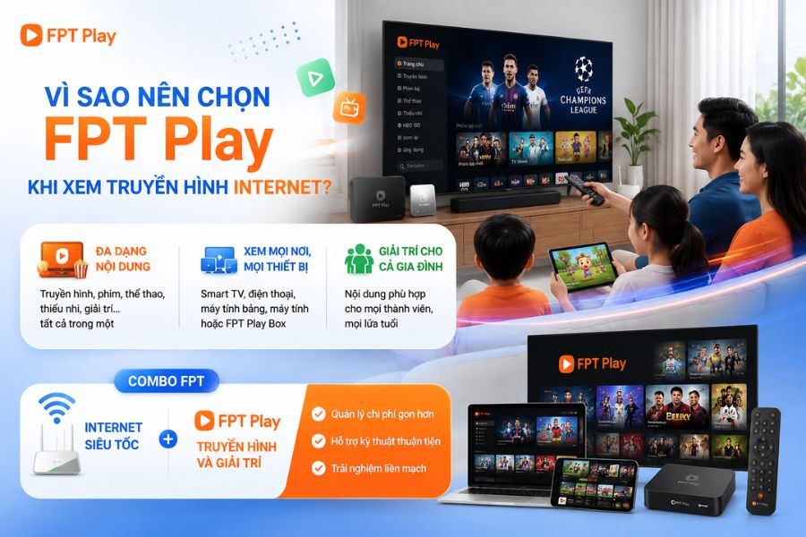 Các kênh truyền hình internet nổi tiếng như FPT Play phù hợp xem truyền hình cùng internet tại nhà