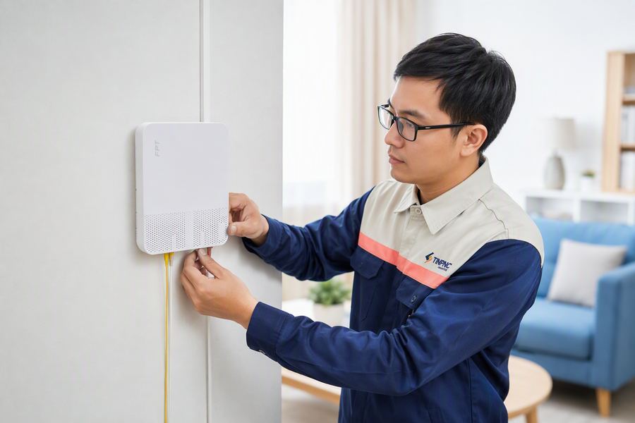 Kỹ thuật viên FPT lắp đặt modem tại nhà
