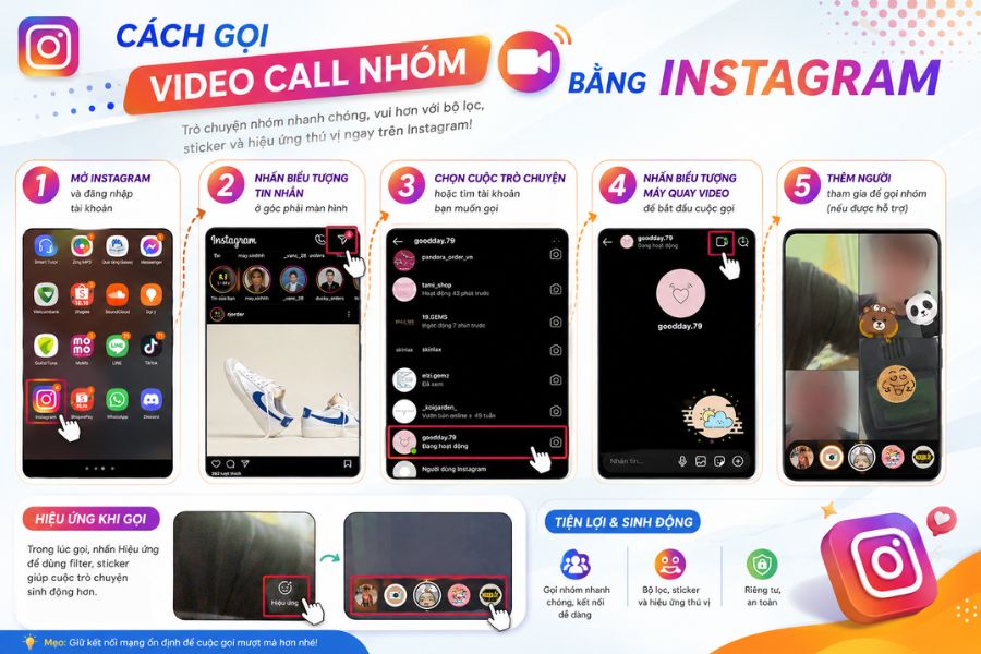 Cách gọi video call nhóm trên Instagram bằng điện thoại với hiệu ứng sinh động