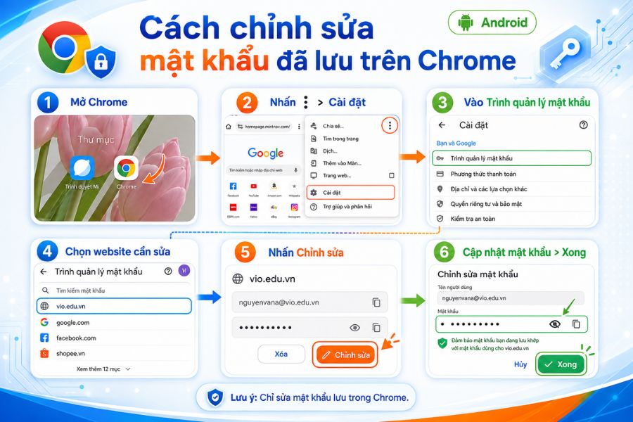 Cách xem mật khẩu google và chỉnh sửa mật khẩu đã lưu trên Chrome Android