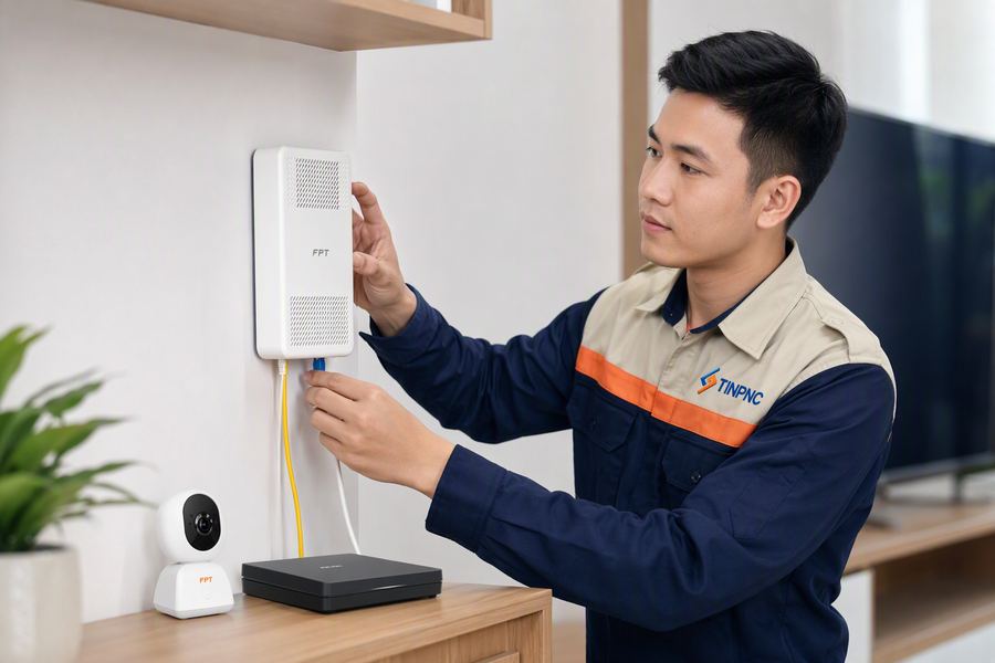 Kỹ thuật viên FPT lắp đặt wifi tại nhà