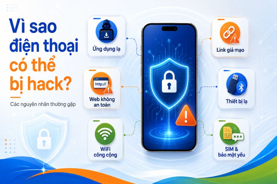 Dấu hiệu điện thoại bị hack có thể đến từ ứng dụng lạ, link giả mạo, WiFi công cộng và bảo mật yếu