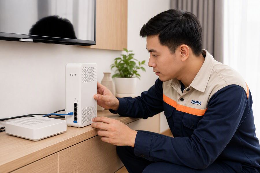 Kỹ thuật viên kiểm tra cấu hình router