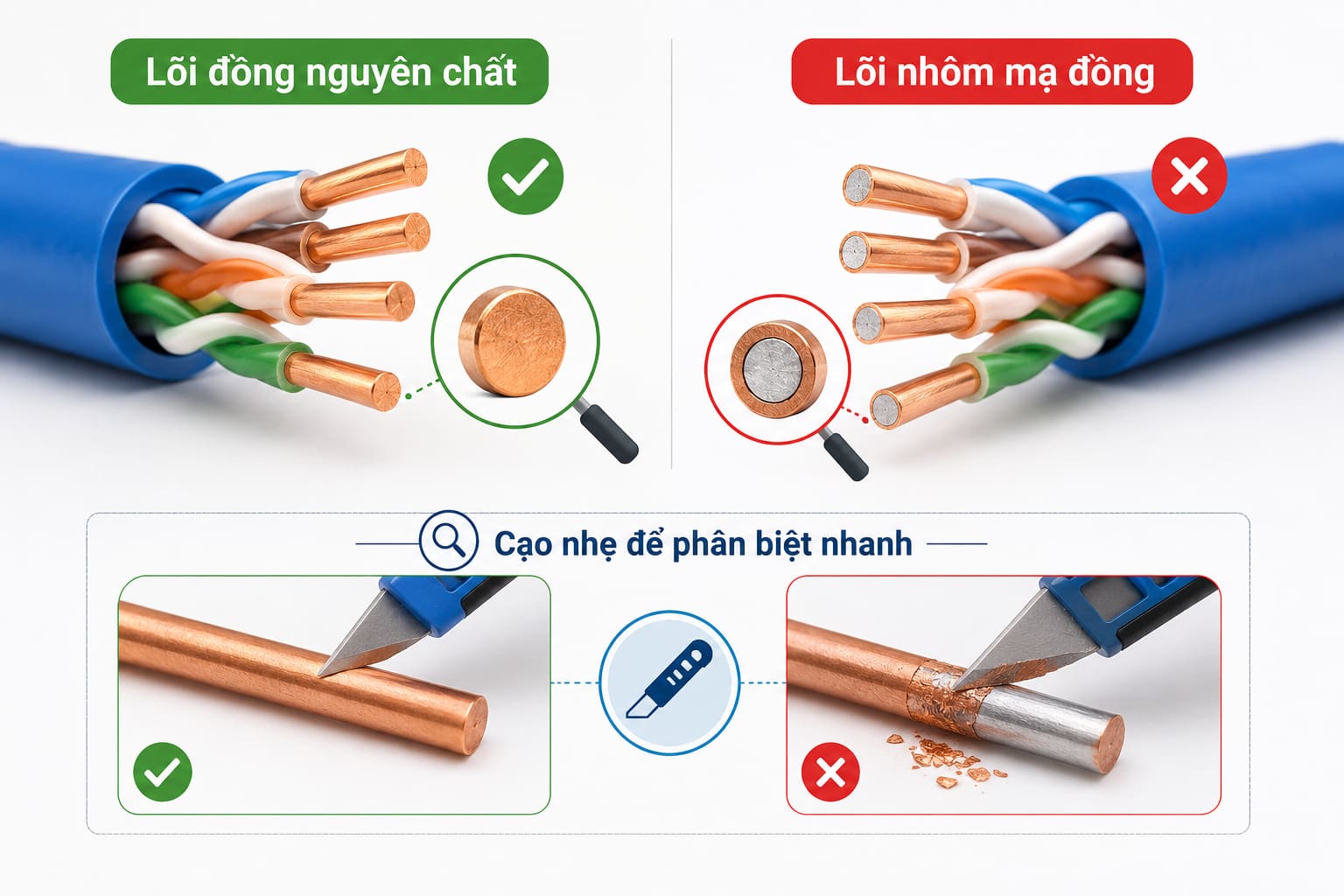 Cạo nhẹ lớp mạ ngoài là cách nhanh nhất để phân biệt lõi đồng thật với lõi nhôm mạ đồng.