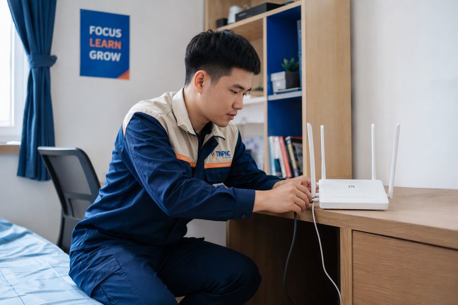 Kỹ thuật viên FPT lắp mạng phòng trọ sinh viên