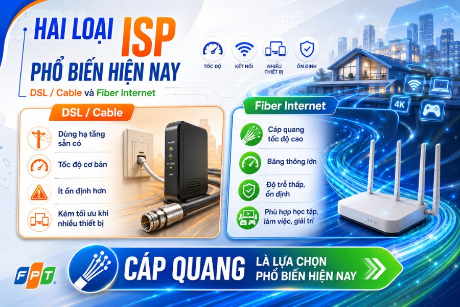 ISP là gì và các loại phổ biến như DSL, Cable và Fiber Internet cáp quang