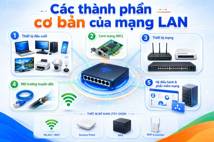 LAN là gì và các thành phần cơ bản như thiết bị đầu cuối, card mạng, switch, dây mạng và phần mềm mạng