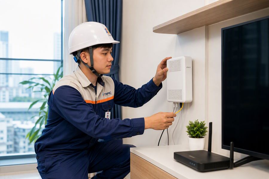 Kỹ thuật viên FPT lắp đặt mạng