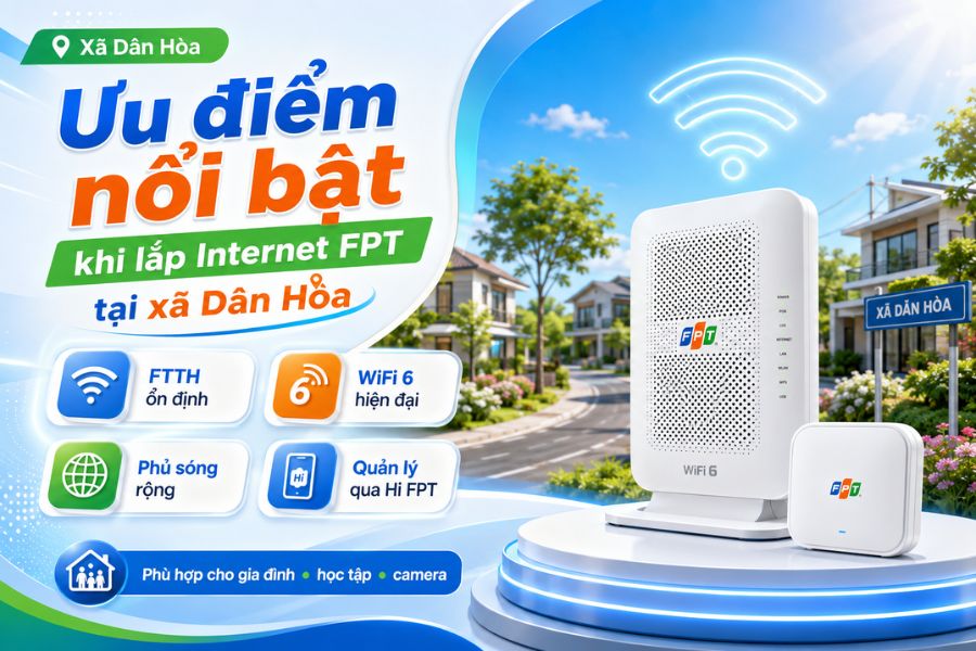 Lắp mạng FPT Dân Hoà với FTTH ổn định, WiFi 6 hiện đại, phủ sóng rộng và quản lý qua Hi FPT