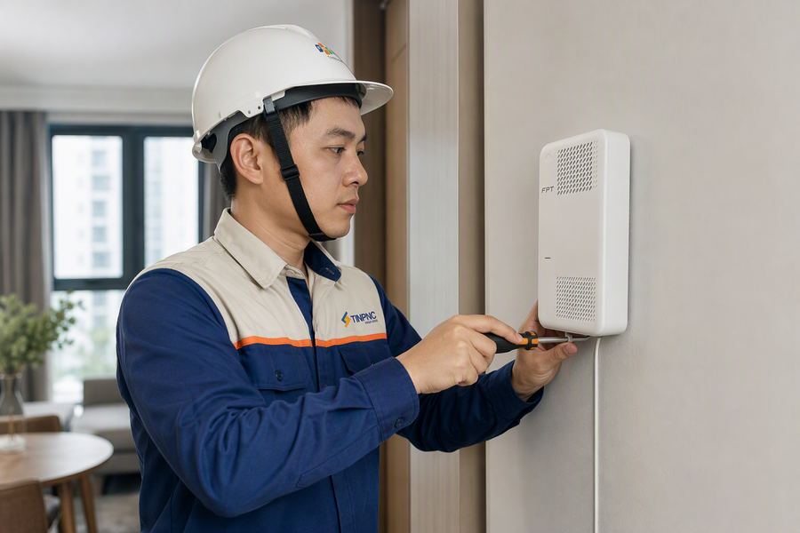 Kỹ thuật viên FPT lắp đặt mạng tại nhà