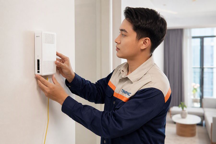 Kỹ thuật viên FPT lắp đặt modem tận nhà