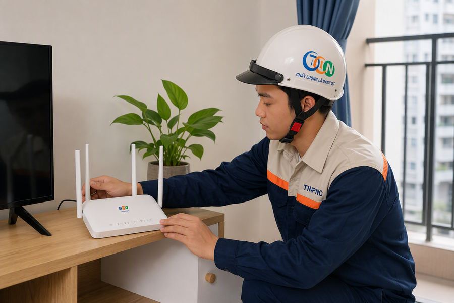 Kỹ thuật viên FPT lắp đặt mạng tại Tân Phú