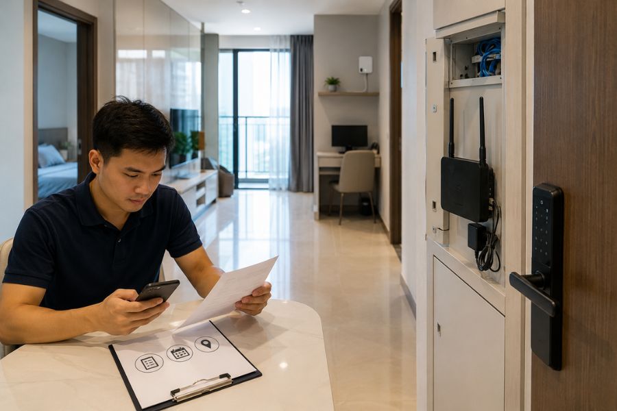 Kỹ thuật viên lắp modem trong căn hộ chung cư