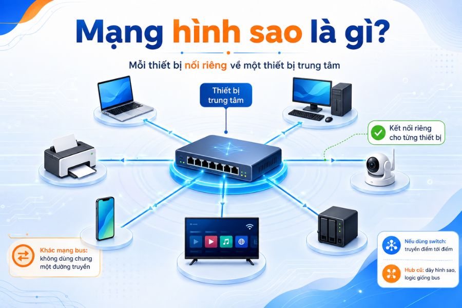 Mạng hình sao là mô hình kết nối nhiều thiết bị về một thiết bị trung tâm, dễ quản lý và kiểm tra sự cố