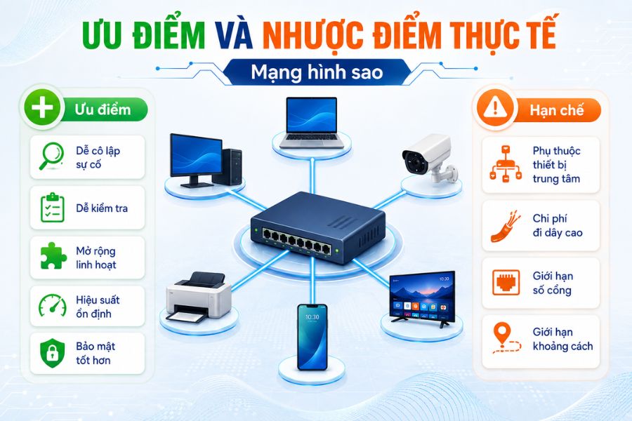 Mạng hình sao có ưu điểm dễ cô lập lỗi, mở rộng linh hoạt nhưng phụ thuộc vào thiết bị trung tâm