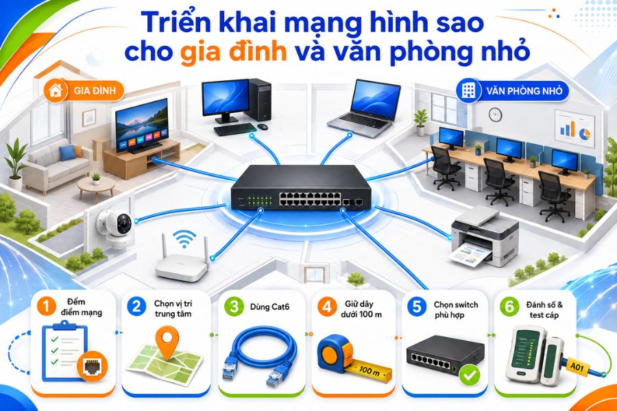 Mạng hình sao phù hợp cho gia đình và văn phòng nhỏ khi cần kết nối ổn định, dễ kiểm tra và mở rộng