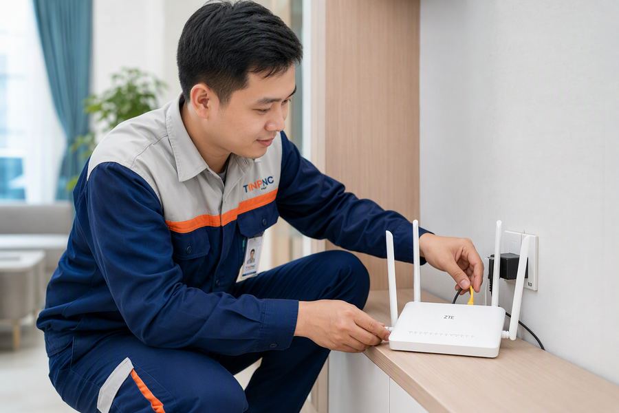 Kỹ thuật viên lắp modem tốc độ Mbps