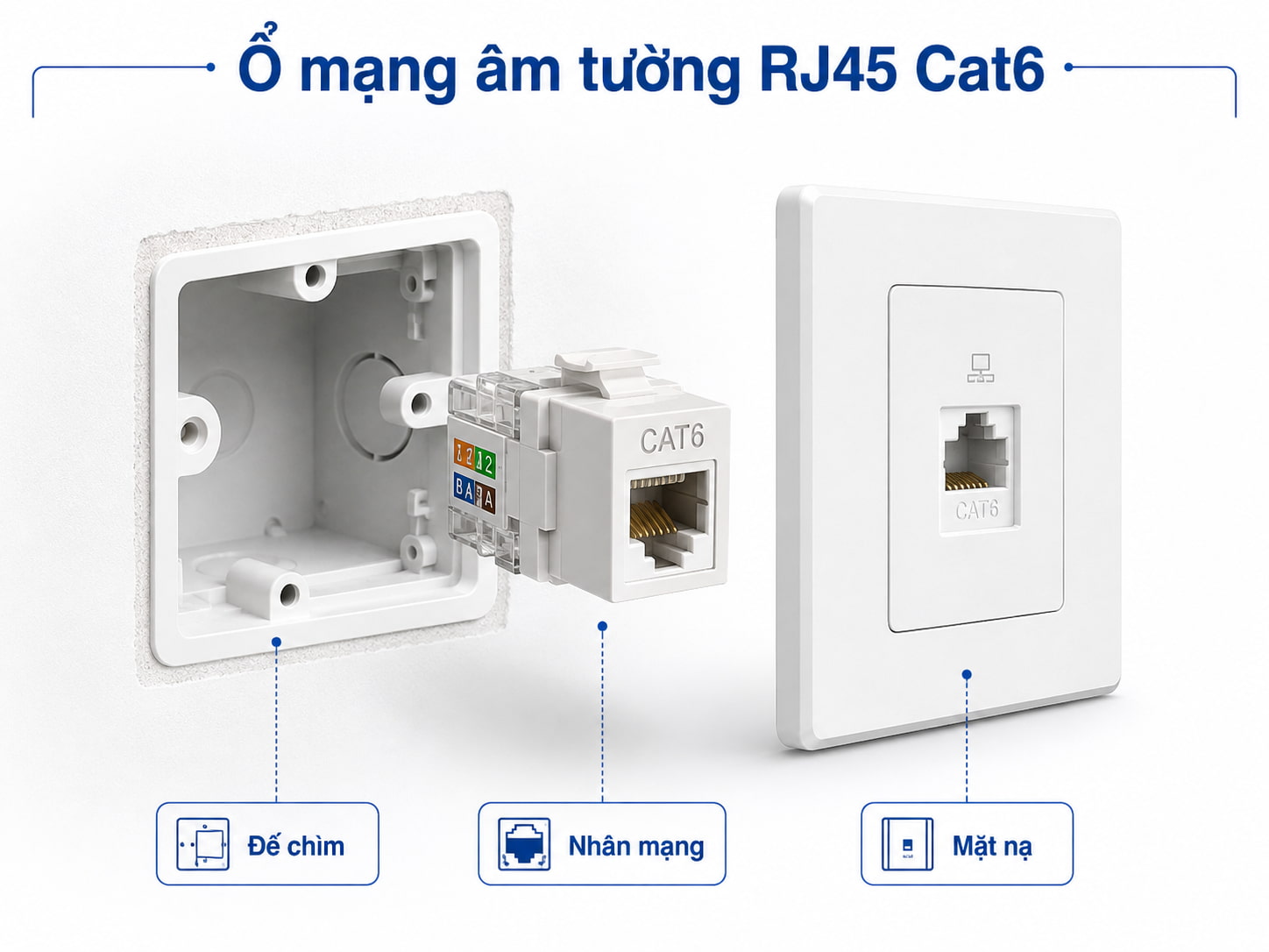 Cụm ổ mạng âm tường hoàn chỉnh gồm đế chìm, nhân mạng và mặt nạ che bên ngoài.