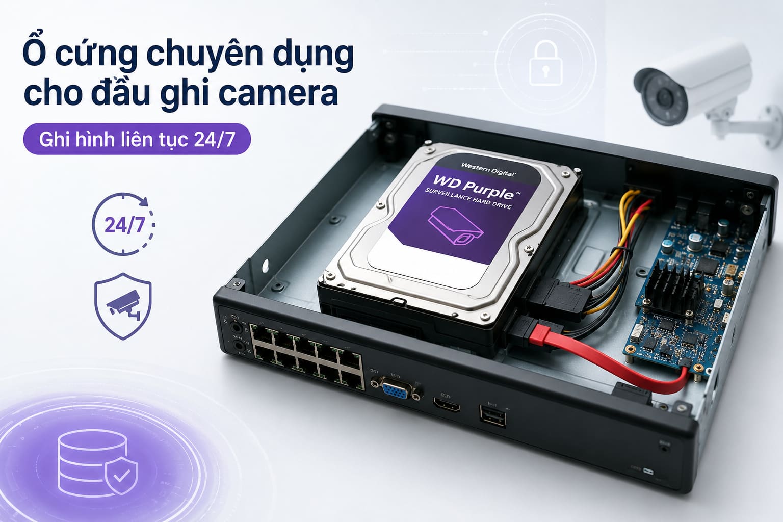Ổ cứng chuyên dụng chịu được cường độ ghi liên tục của hệ thống giám sát.