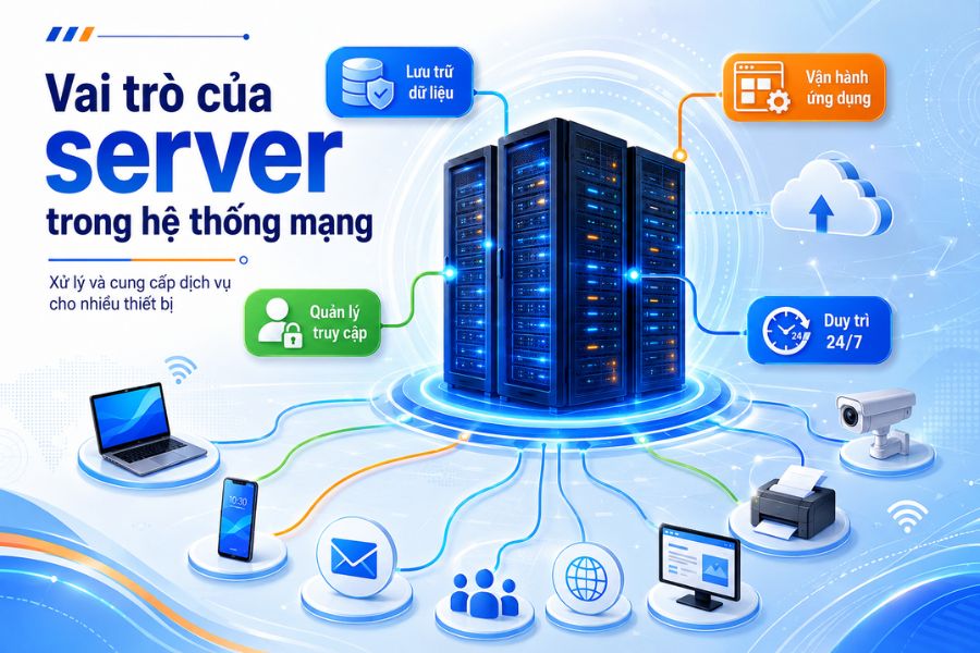 Server là gì và vai trò lưu trữ dữ liệu, quản lý truy cập, vận hành ứng dụng trong hệ thống mạng