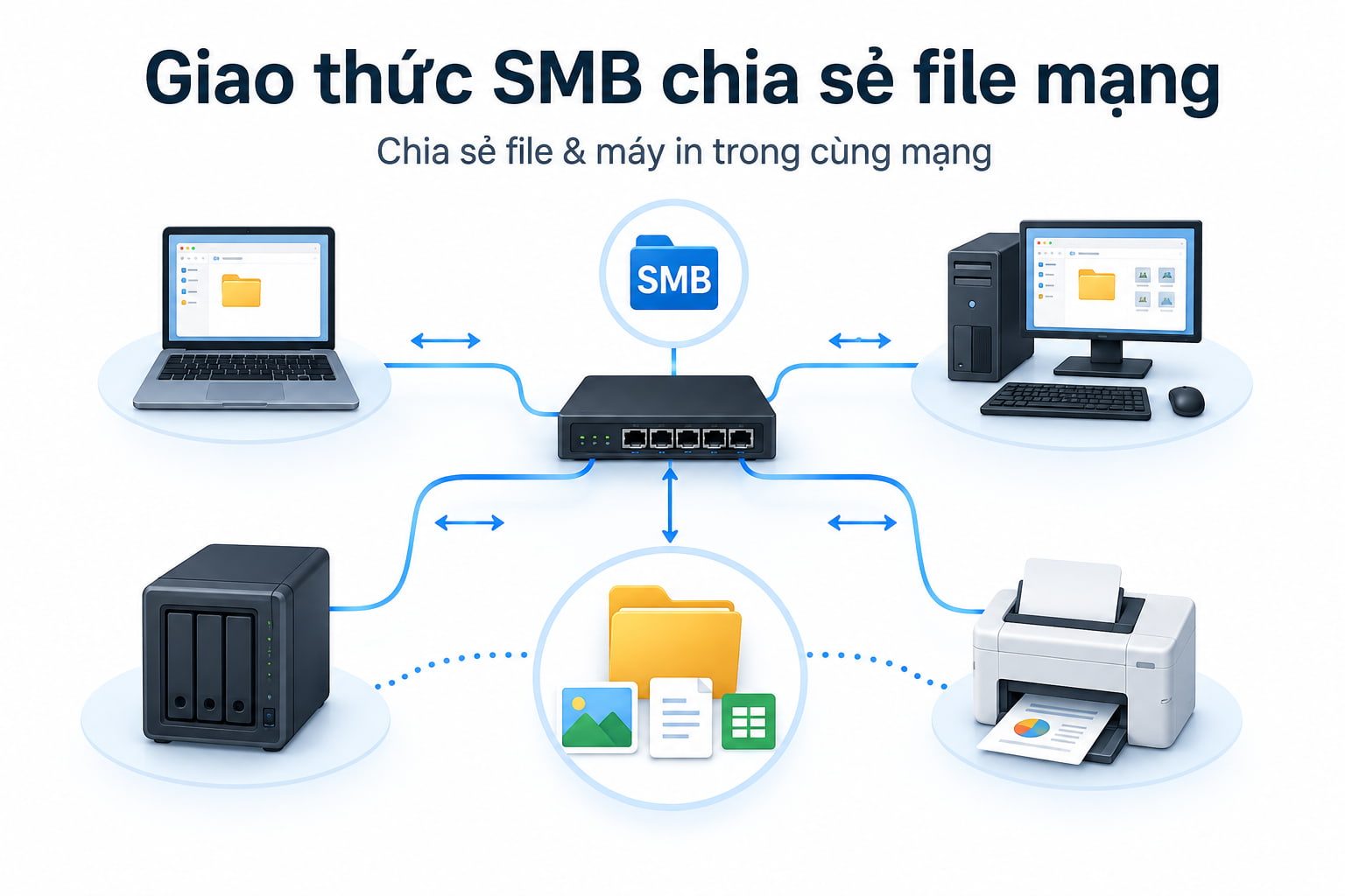 Giao thức SMB giúp các thiết bị trong cùng mạng truy cập chung file và máy in.