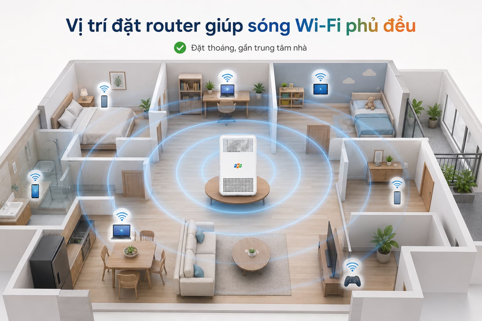 Đưa router ra thoáng và về trung tâm nhà thường cải thiện sóng ngay mà không tốn chi phí.