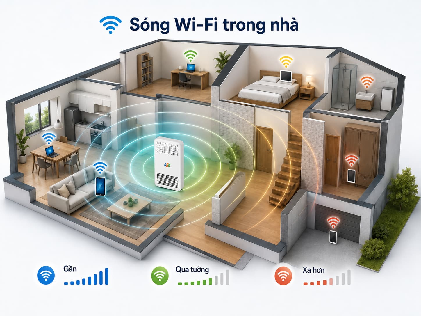 Sóng wifi suy giảm dần theo khoảng cách và số lớp vật cản mà nó phải xuyên qua.