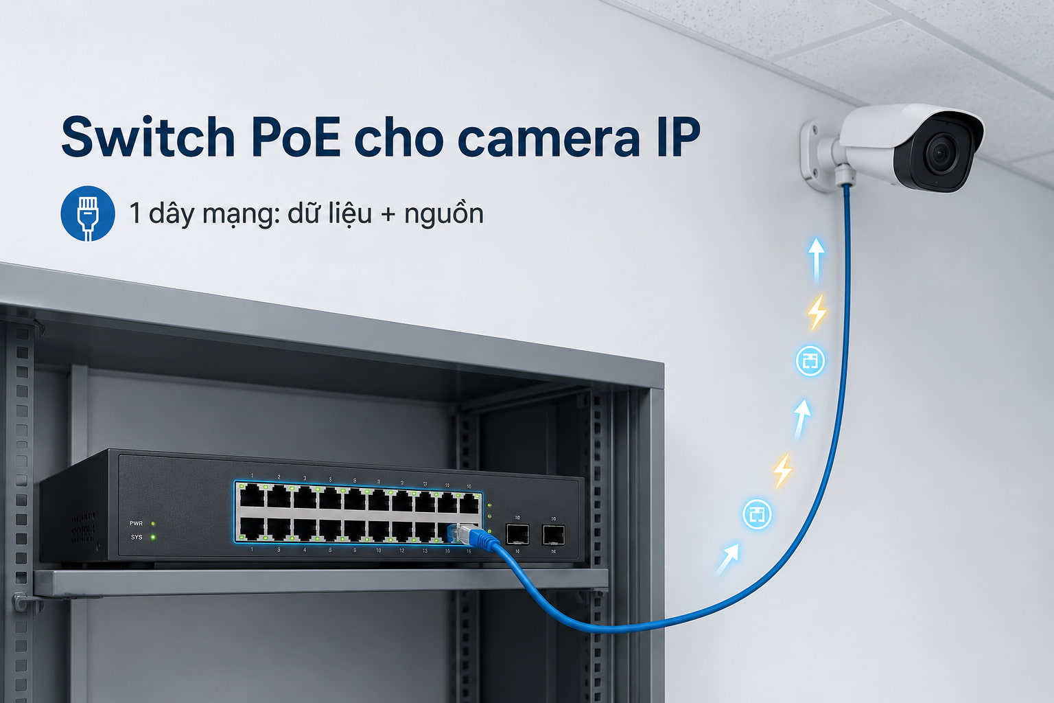 Một sợi cáp mạng vừa truyền dữ liệu vừa cấp điện cho camera gắn trên cao.