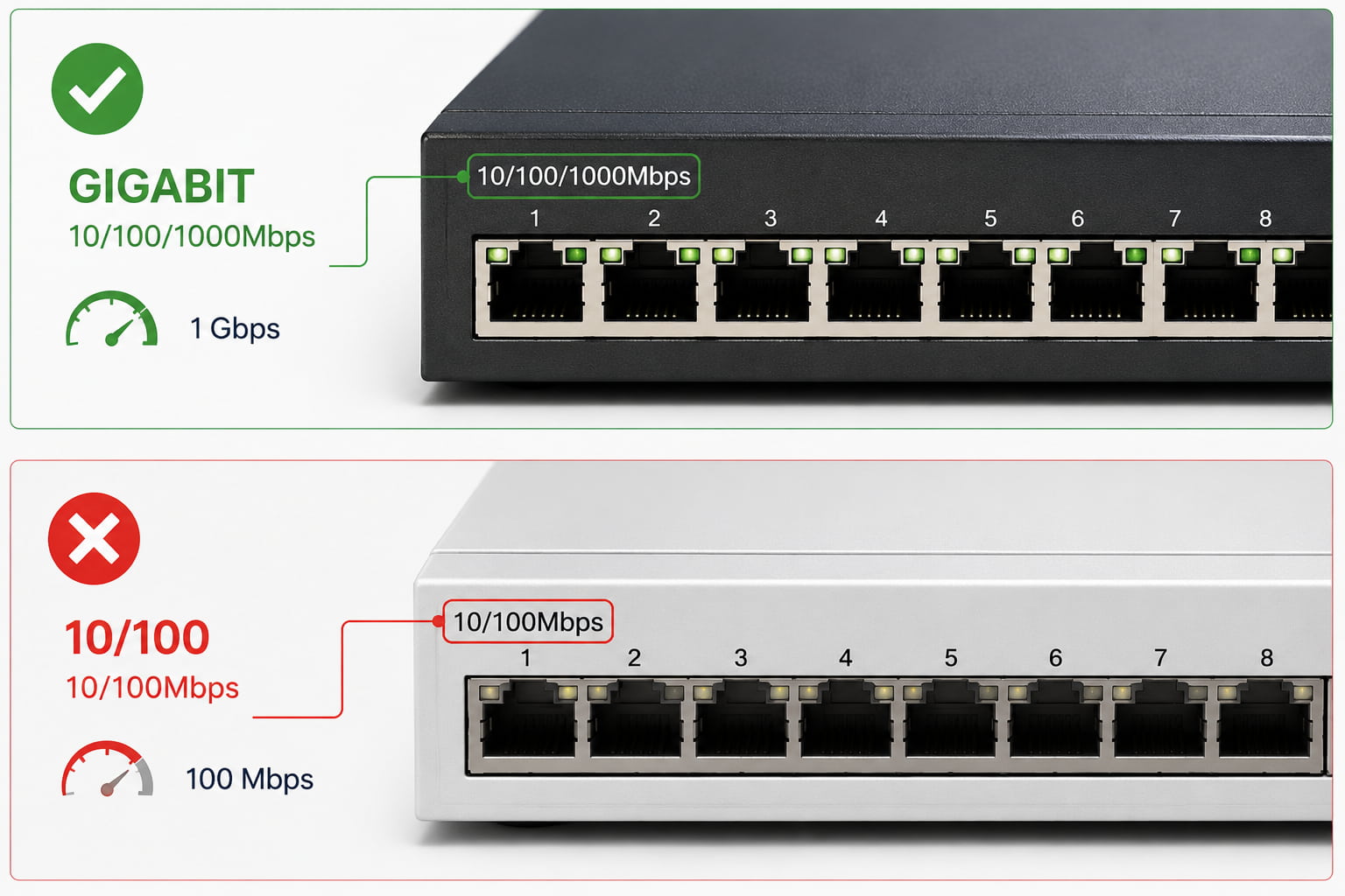 Nhìn nhãn tốc độ ghi trên thân máy trước khi mua để tránh mua nhầm loại chỉ chạy 100 Mbps.
