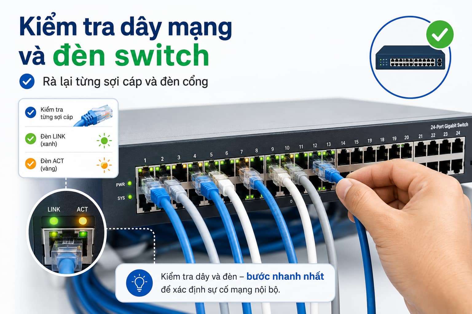 Rà lại từng sợi cáp và đèn cổng là bước chẩn đoán nhanh nhất khi mạng nội bộ trục trặc.