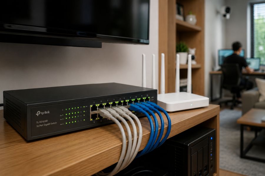 Switch phù hợp khi cần kết nối thêm nhiều thiết bị mạng hoặc mở rộng hệ thống mạng