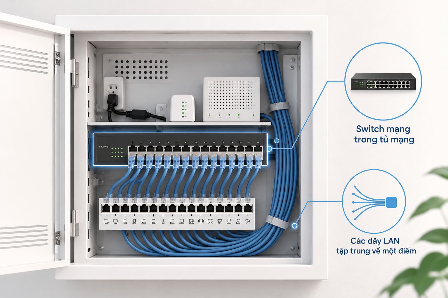 Switch nhiều cổng đặt trong tủ mạng gia đình, nơi các đường cáp LAN tập trung về một điểm.