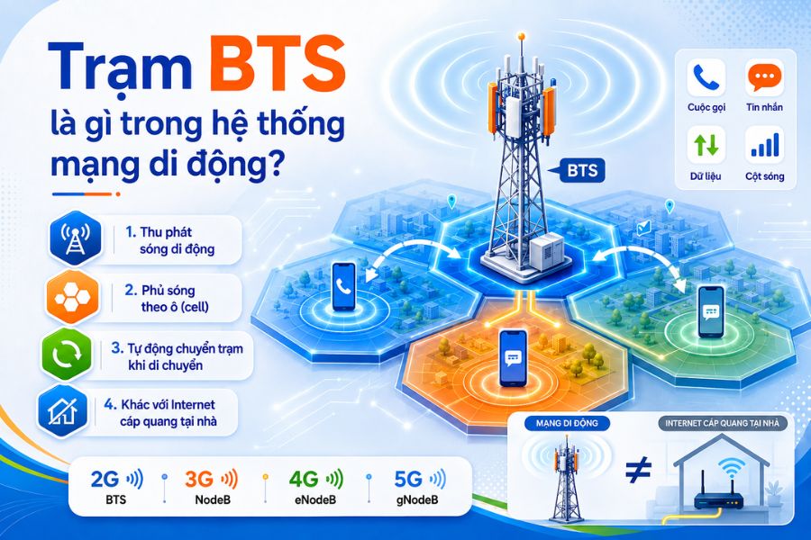 Trạm BTS là gì trong mạng di động, chức năng thu phát sóng, phủ sóng cell và hỗ trợ 2G, 3G, 4G, 5G