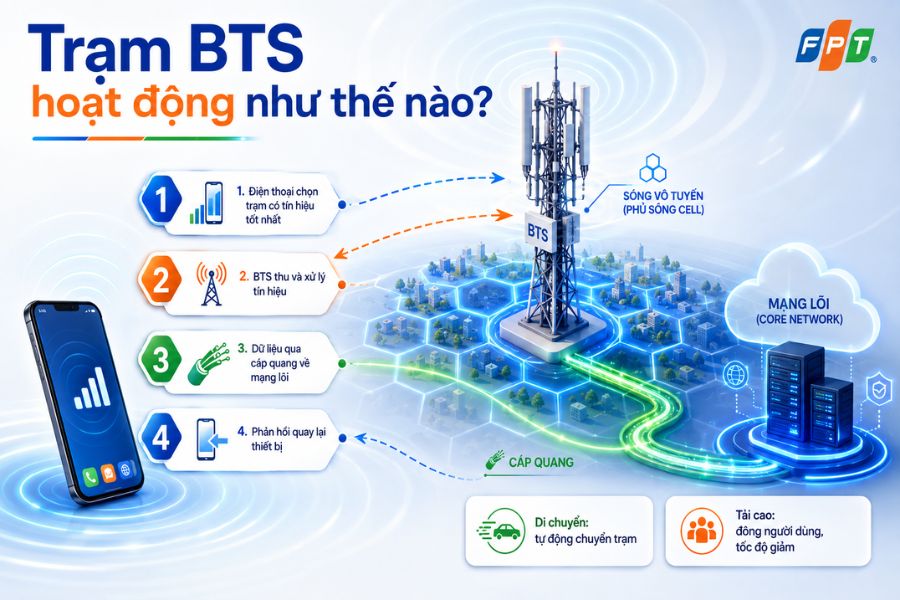 Trạm BTS là gì và cách hoạt động từ điện thoại, trạm thu phát, cáp quang đến mạng lõi