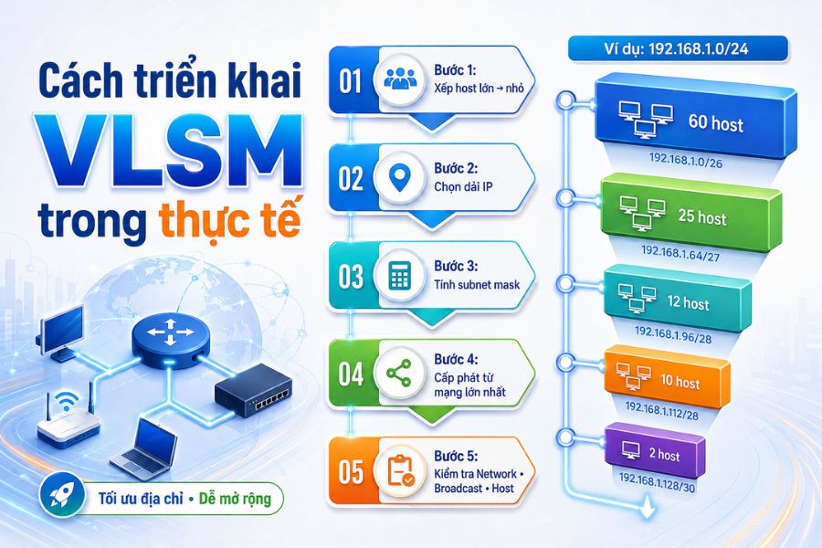 VLSM là gì trong triển khai thực tế với các bước xếp host, chọn dải IP và tính subnet mask