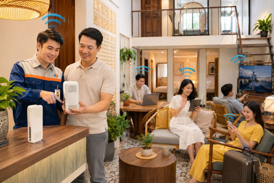 Kỹ thuật viên FPT lắp modem tại homestay