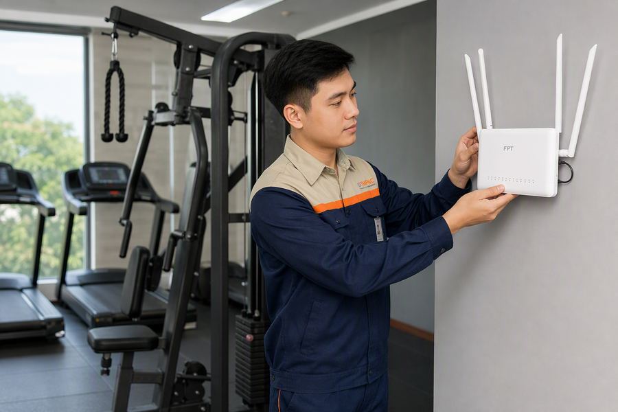 Kỹ thuật viên lắp wifi cho phòng gym