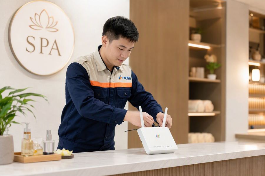 Kỹ thuật viên FPT lắp modem tại spa