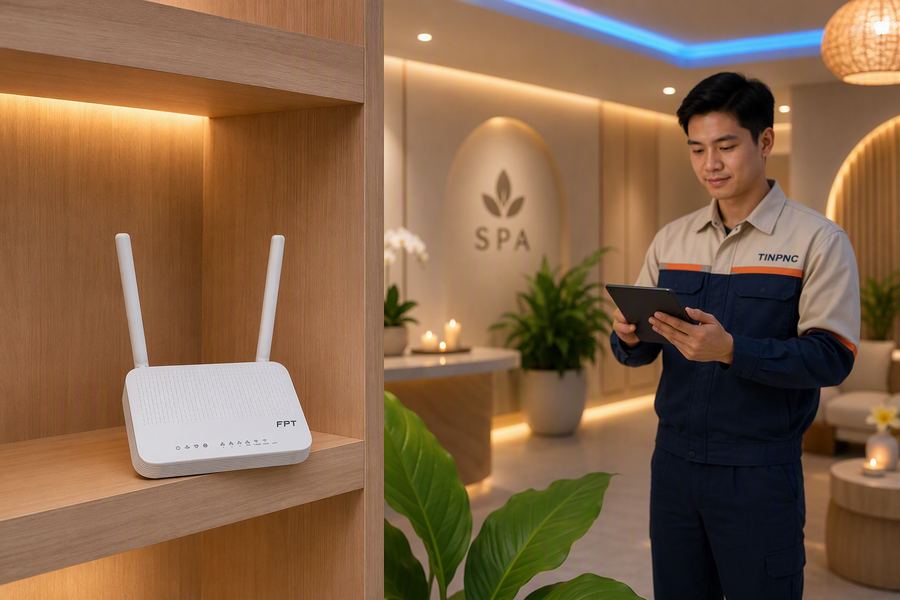 Modem wifi FPT tại sảnh spa