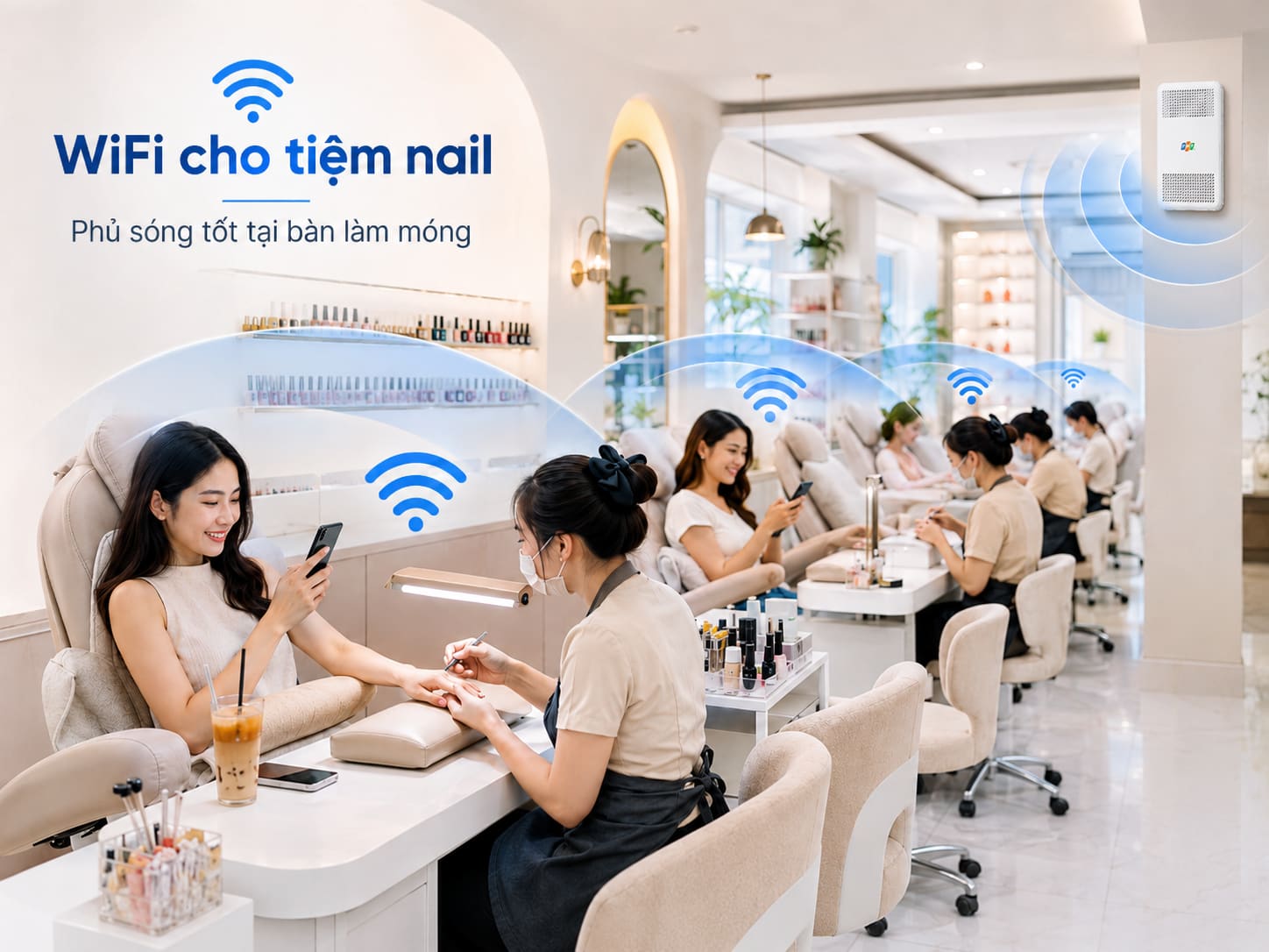 Khách ngồi làm móng trung bình 45 đến 90 phút nên chất lượng sóng tại bàn ảnh hưởng trực tiếp tới trải nghiệm.