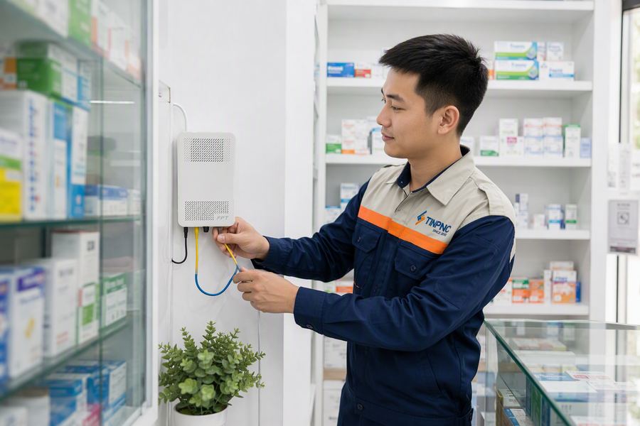 Kỹ thuật viên FPT lắp modem tại tiệm thuốc
