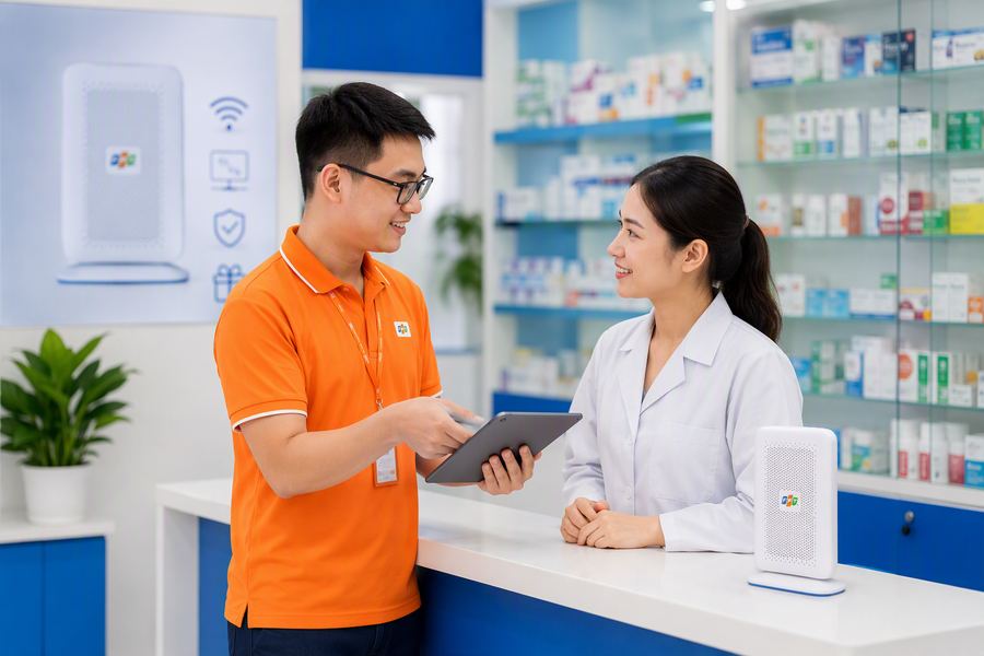 Nhân viên FPT tư vấn chủ tiệm thuốc