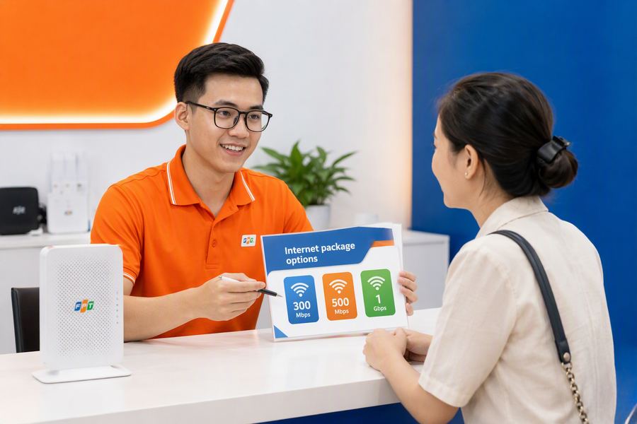 Nhân viên tư vấn gói mạng cho salon