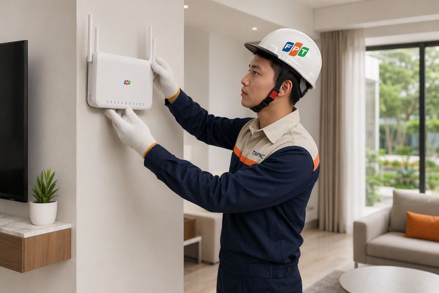 Kỹ thuật viên FPT lắp đặt access point villa