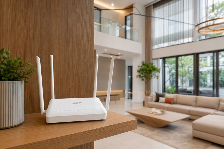 Modem wifi FPT trong phòng khách villa