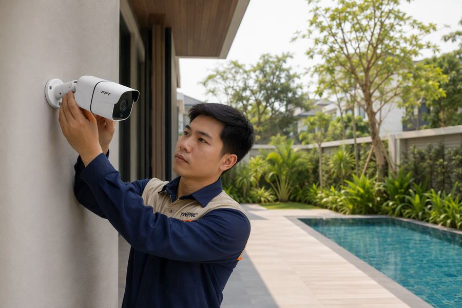 Camera ngoài trời FPT lắp tại vườn villa