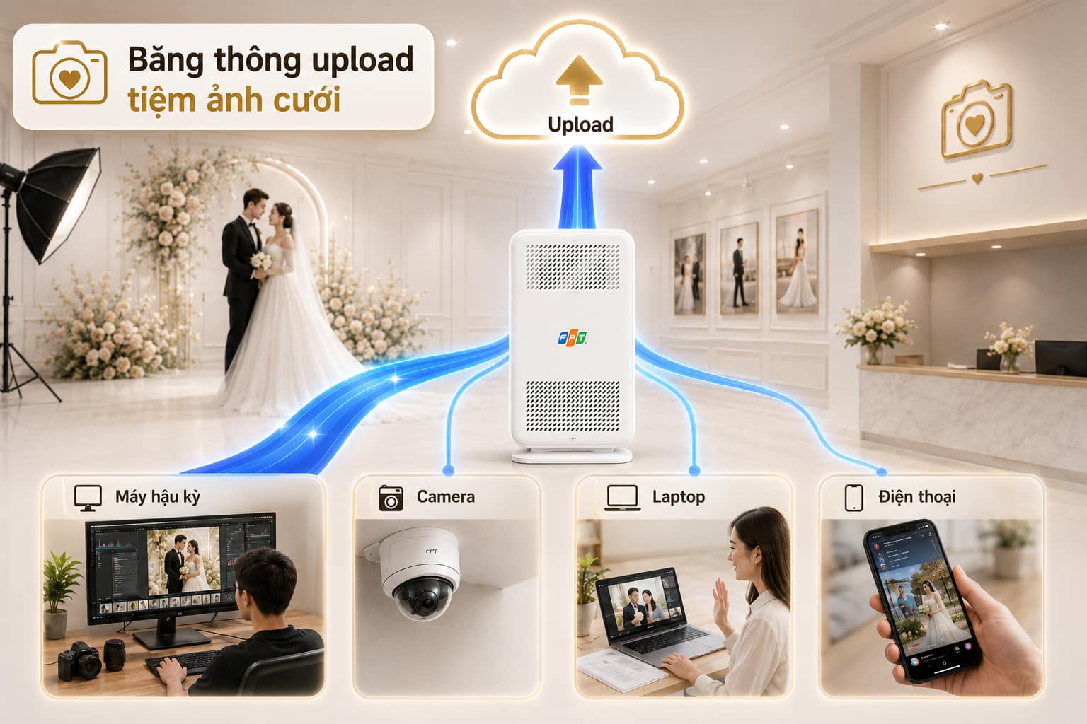 Cách các nhóm thiết bị trong tiệm cùng chia nhau đường truyền chiều lên.