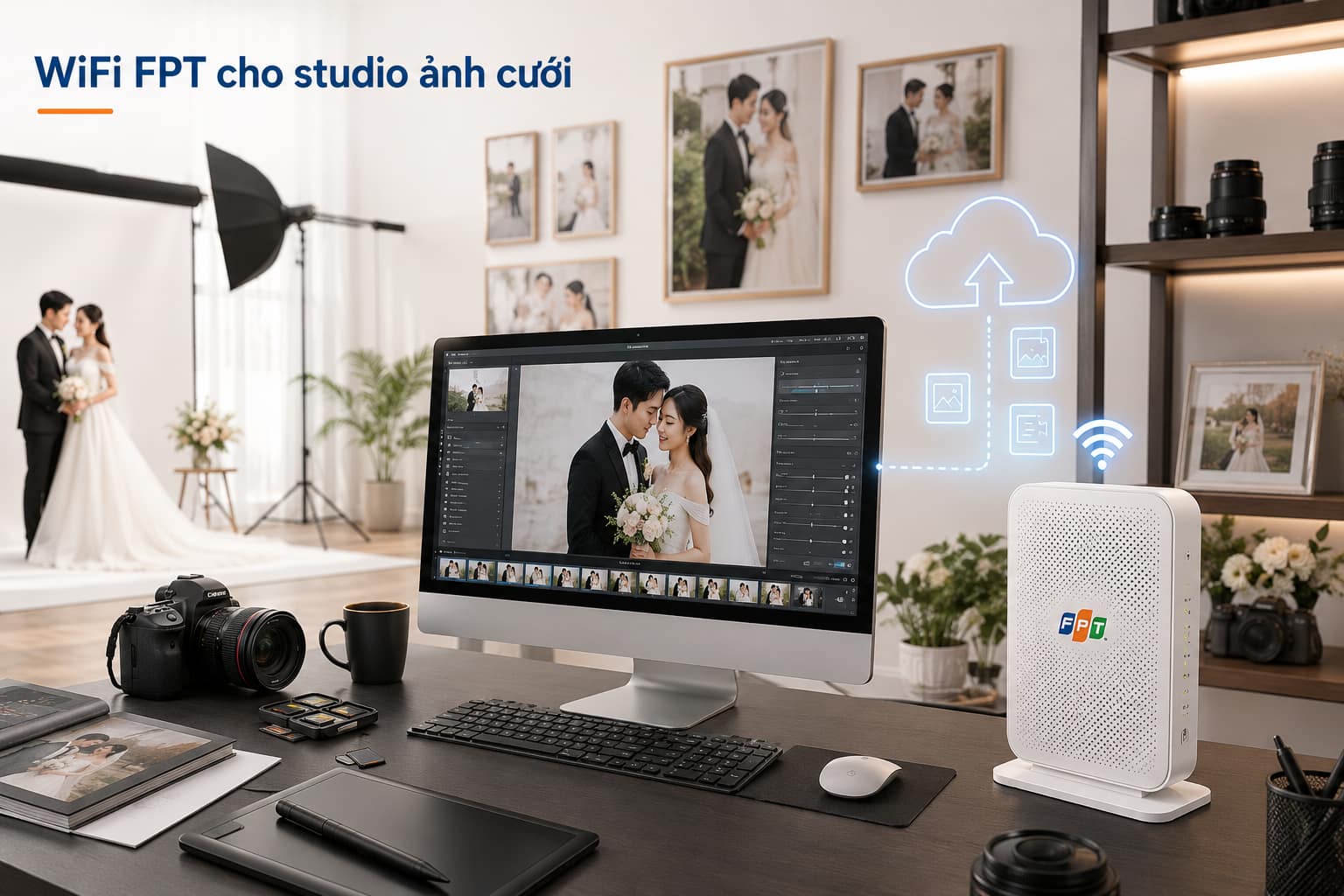 Góc hậu kỳ của một studio ảnh cưới với máy tính đang đồng bộ file lên đám mây.