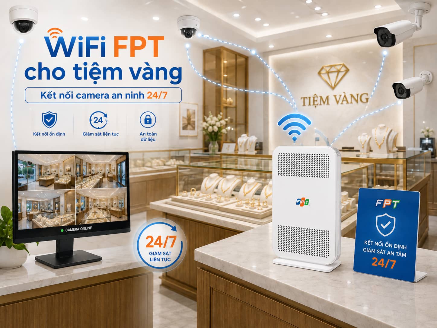 Hệ thống camera tiệm vàng cần đường truyền chạy liên tục 24/7